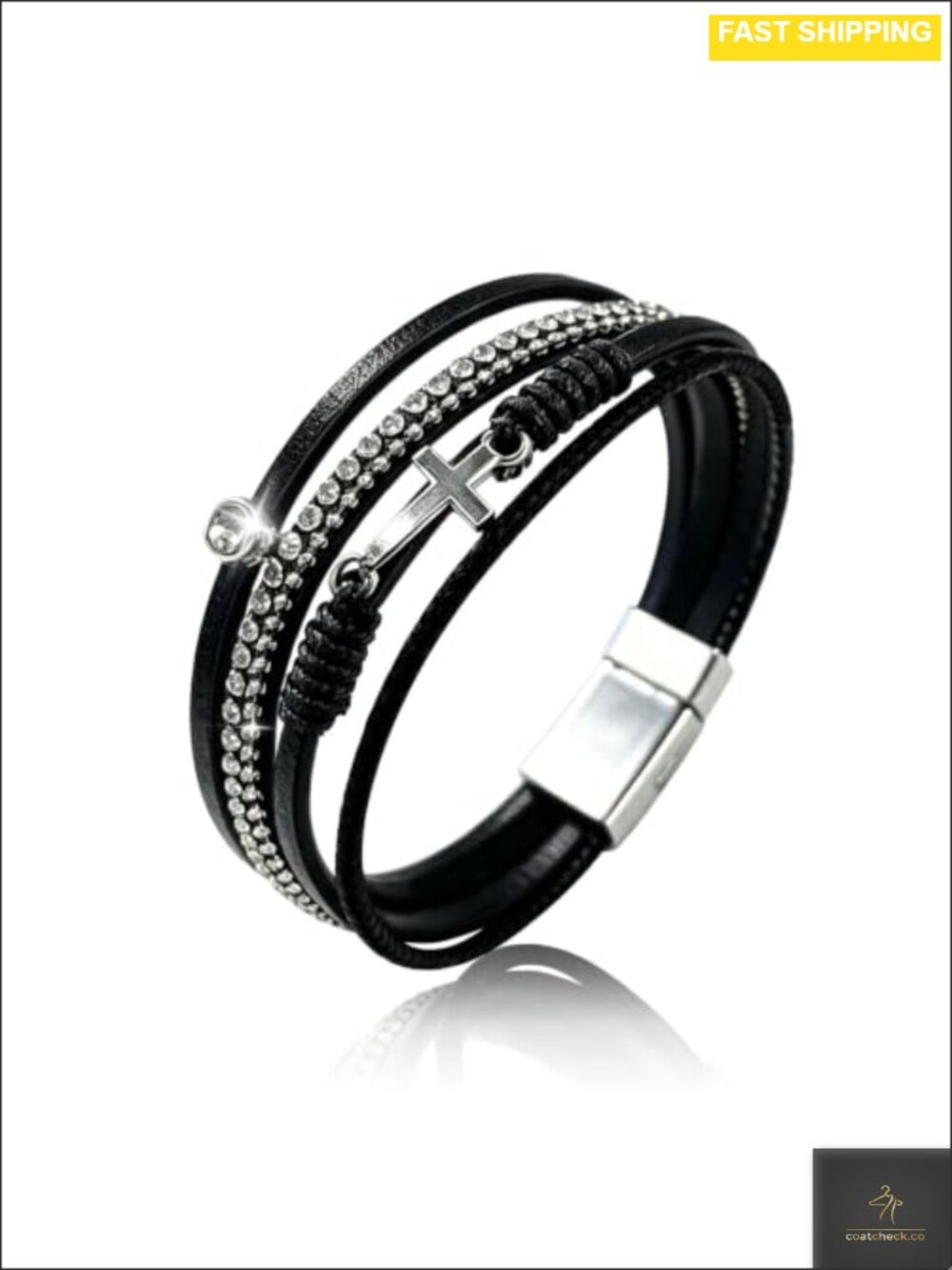 Boho Faux Leather Wrap Cuff Bracelet with Cross Charm Stackable Women